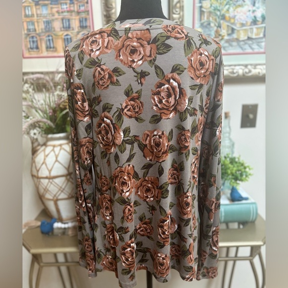 LOGO BY LORI GOLDSTEIN GREEN & BROWN FLORAL DRESSY CASUAL SWING BLOUSE SZ M - Picture 6 of 8